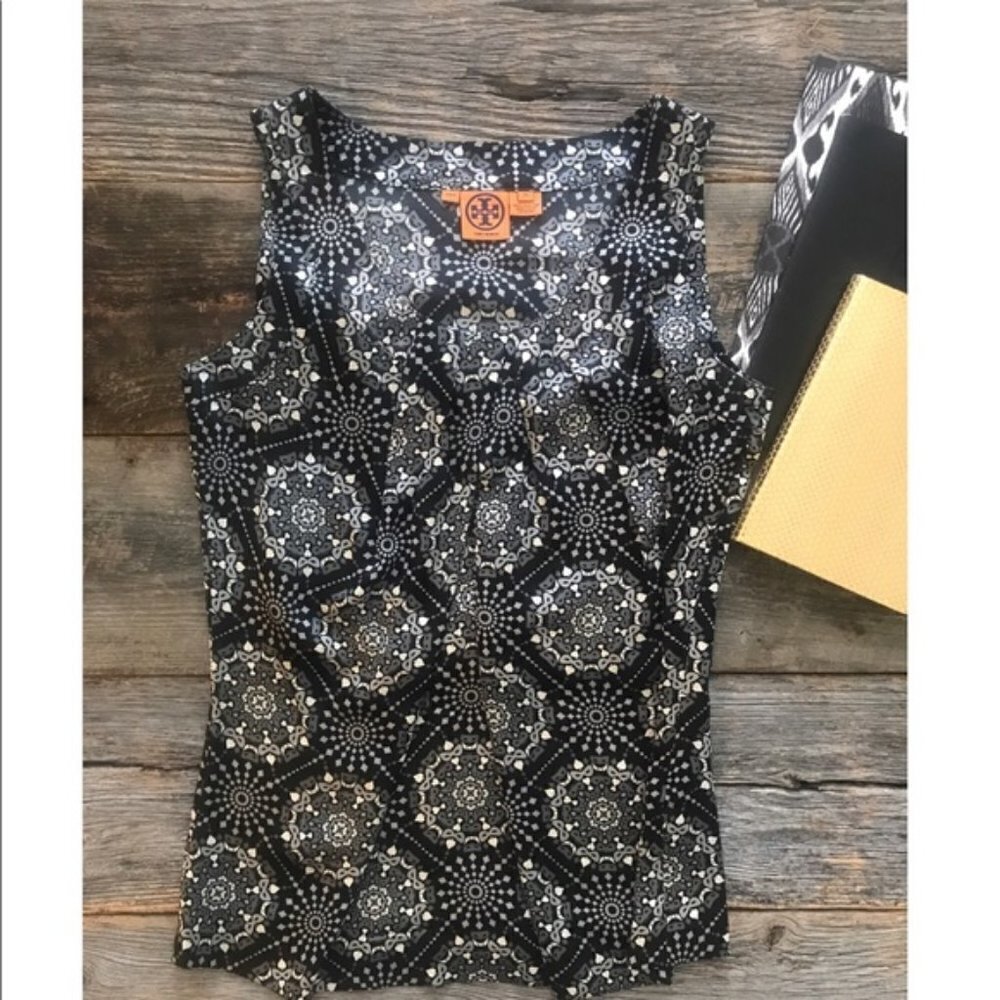 Tory Burch Margaret Silk Blouse Black Mask Size 10 - Picture 2 of 6